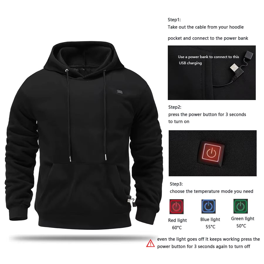 Men'S USB Heated Fleece Hoodie, Warm Outdoor Casual Sweatshirt with Electric Heating Function