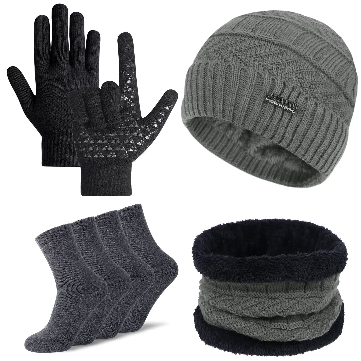5 Pcs Winter Beanie Hat Scarf Touchscreen Gloves Set with Wool Socks for Men Women 