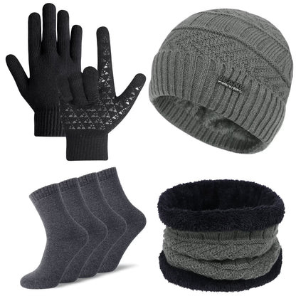 5 Pcs Winter Beanie Hat Scarf Touchscreen Gloves Set with Wool Socks for Men Women 