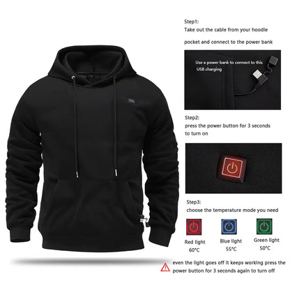 Men'S USB Heated Fleece Hoodie, Warm Outdoor Casual Sweatshirt with Electric Heating Function